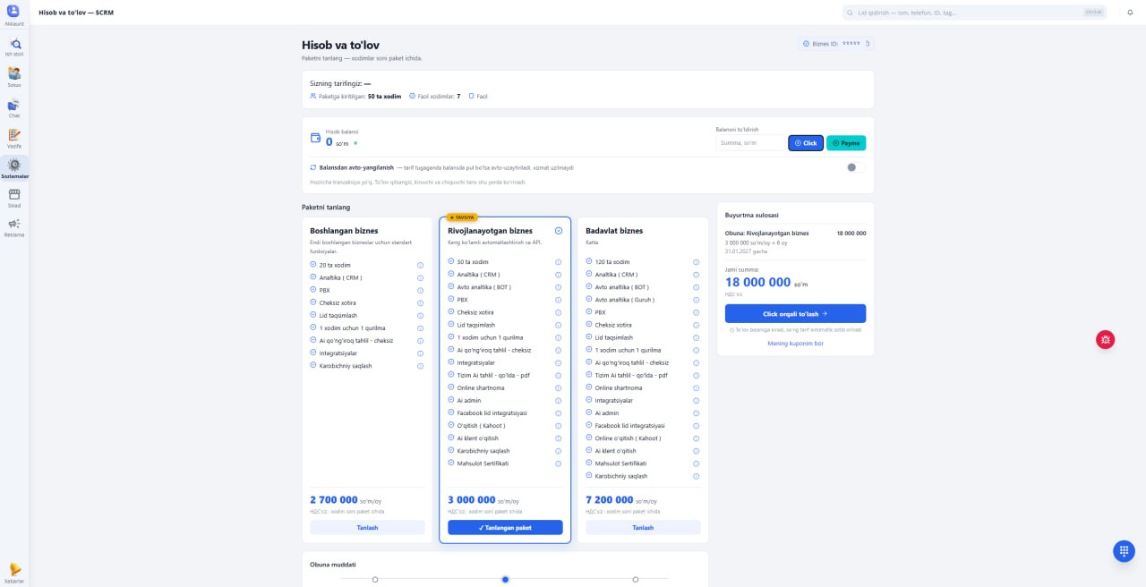 5CRM Billing & plans screenshot — Ravshanov Digital